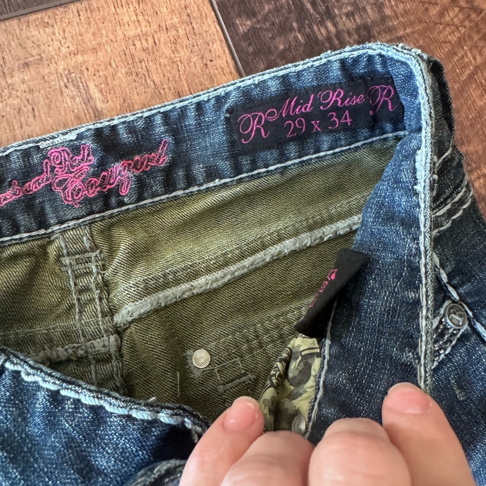 Rock & Roll Cowgirl Mid Rise Bootcut Jeans Studded Pockets 29x34 - Picture 5 of 6